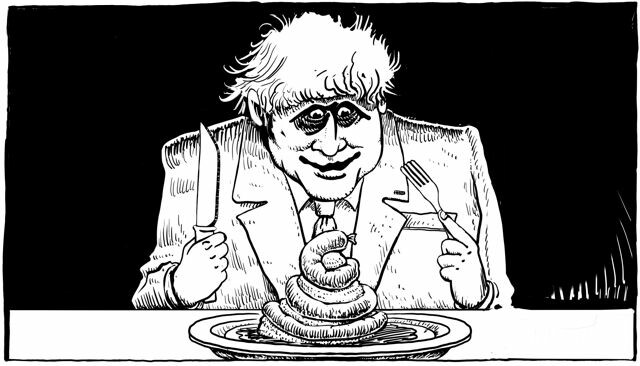 Boris Johnson looks panicky at a plate of mash and bangers