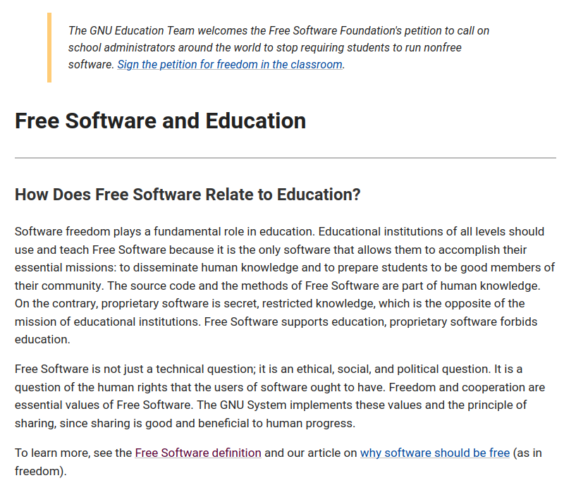 Screenshot of https://www.gnu.org/education/education.html Read the full text on the website. The title is Free Software and Education.