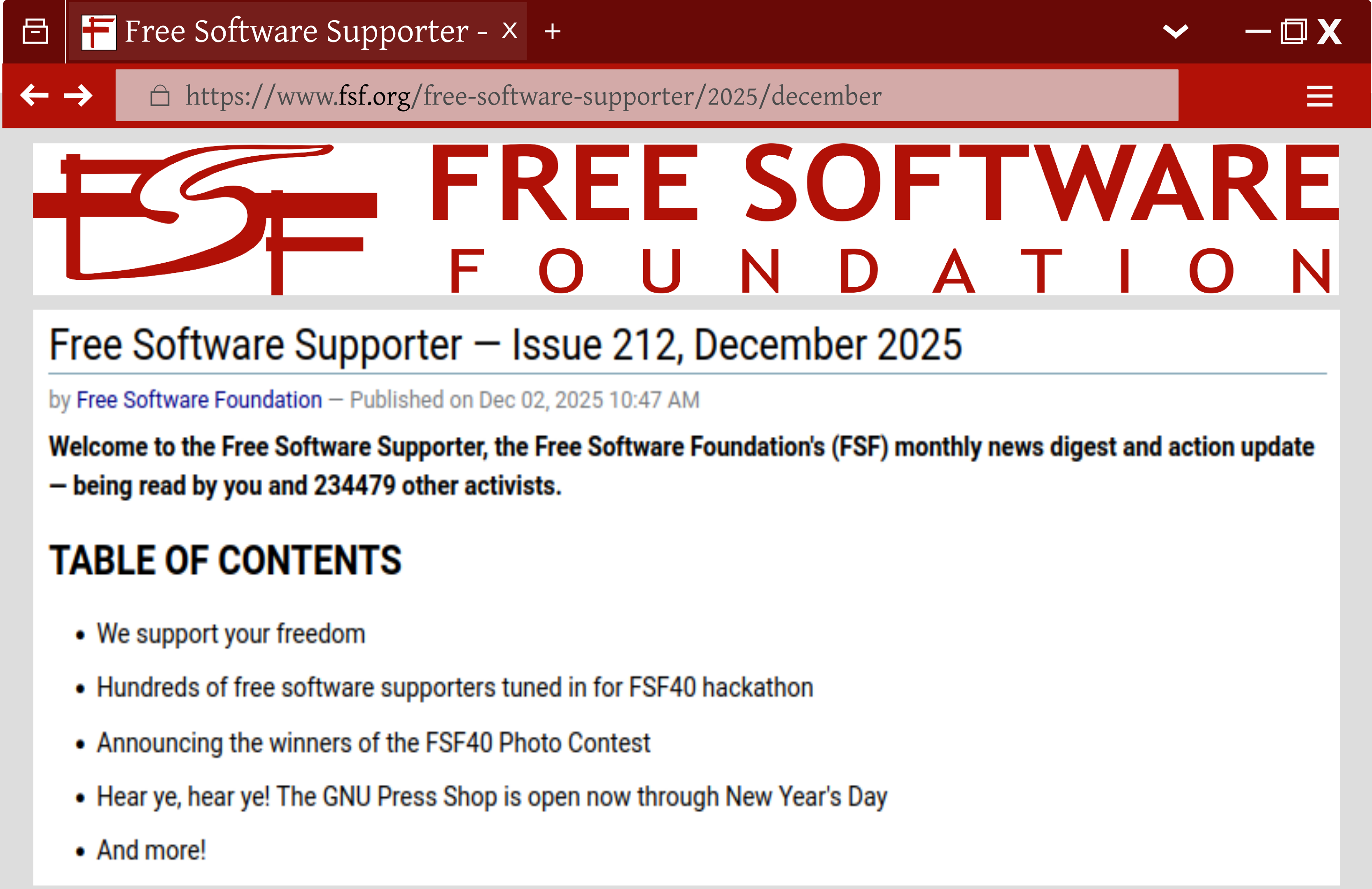 The first few items from the December 2025 Free Software Supporter newsletter table of contents