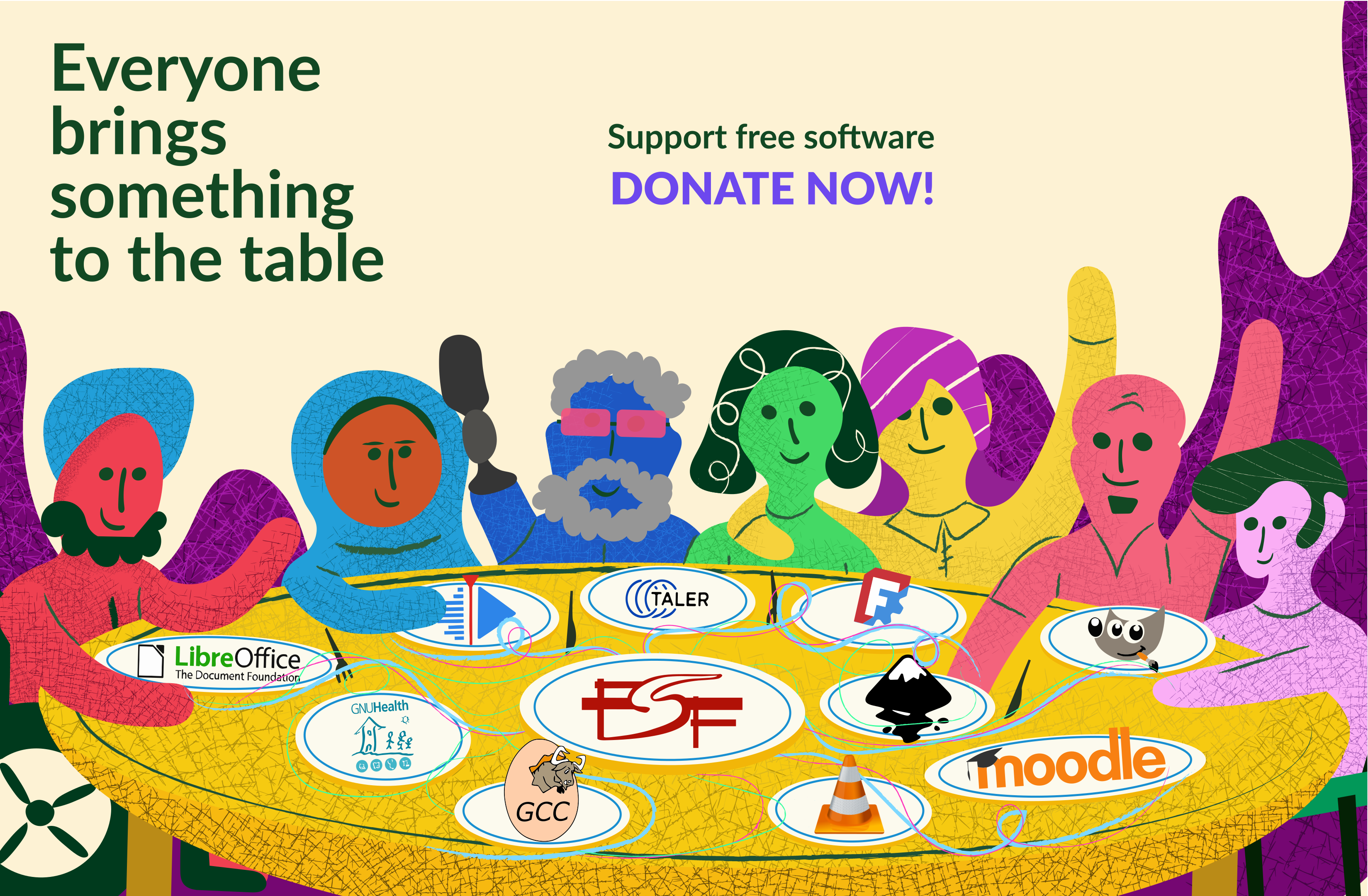 A group of people sitting at a table with a variety of free software logos on plates in front of them, and text above reads 'Everyone brings something to the table'