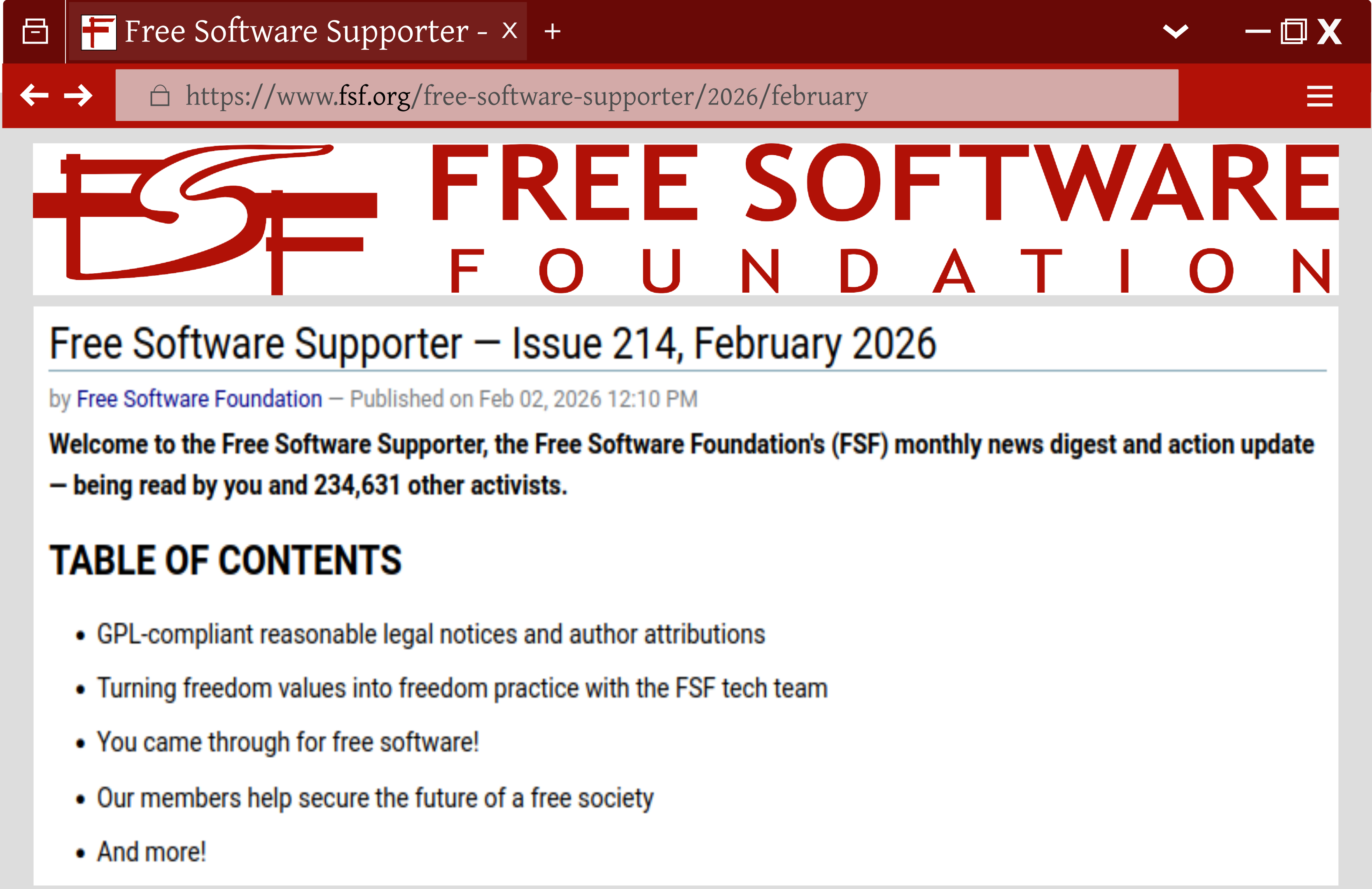 The first few items from the February 2026 Free Software Supporter newsletter table of contents