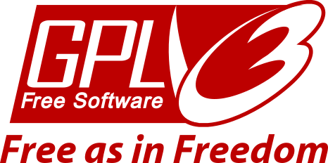 The GNU GPL version three logo, which features a stylized 'GPLV3' with 'free software' and 'Free as in Freedom' below it
