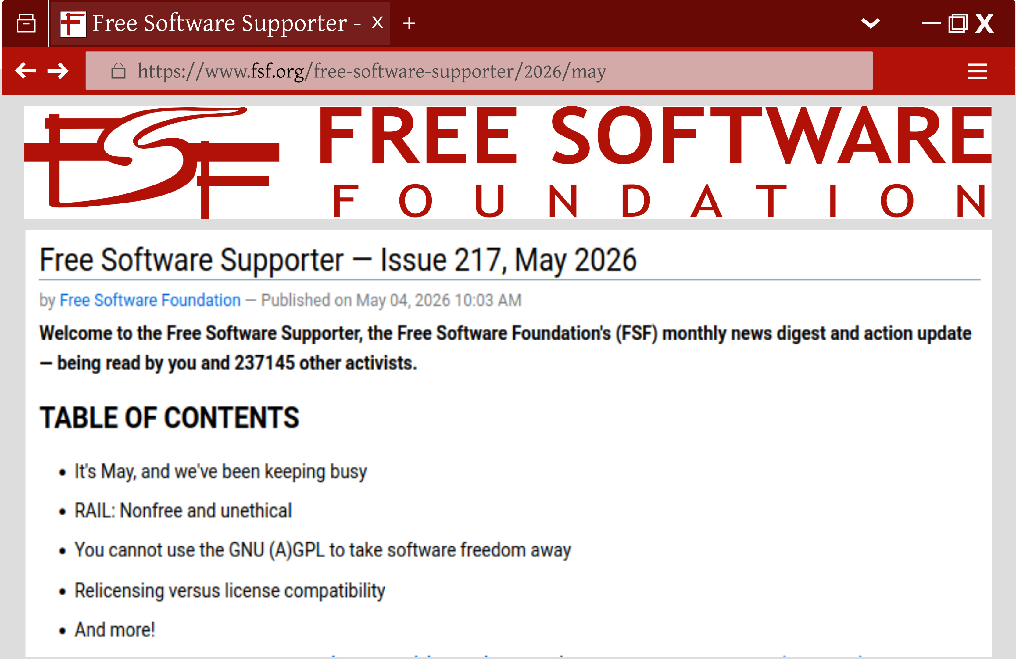 The first few items from the May 2026 Free Software Supporter newsletter table of contents