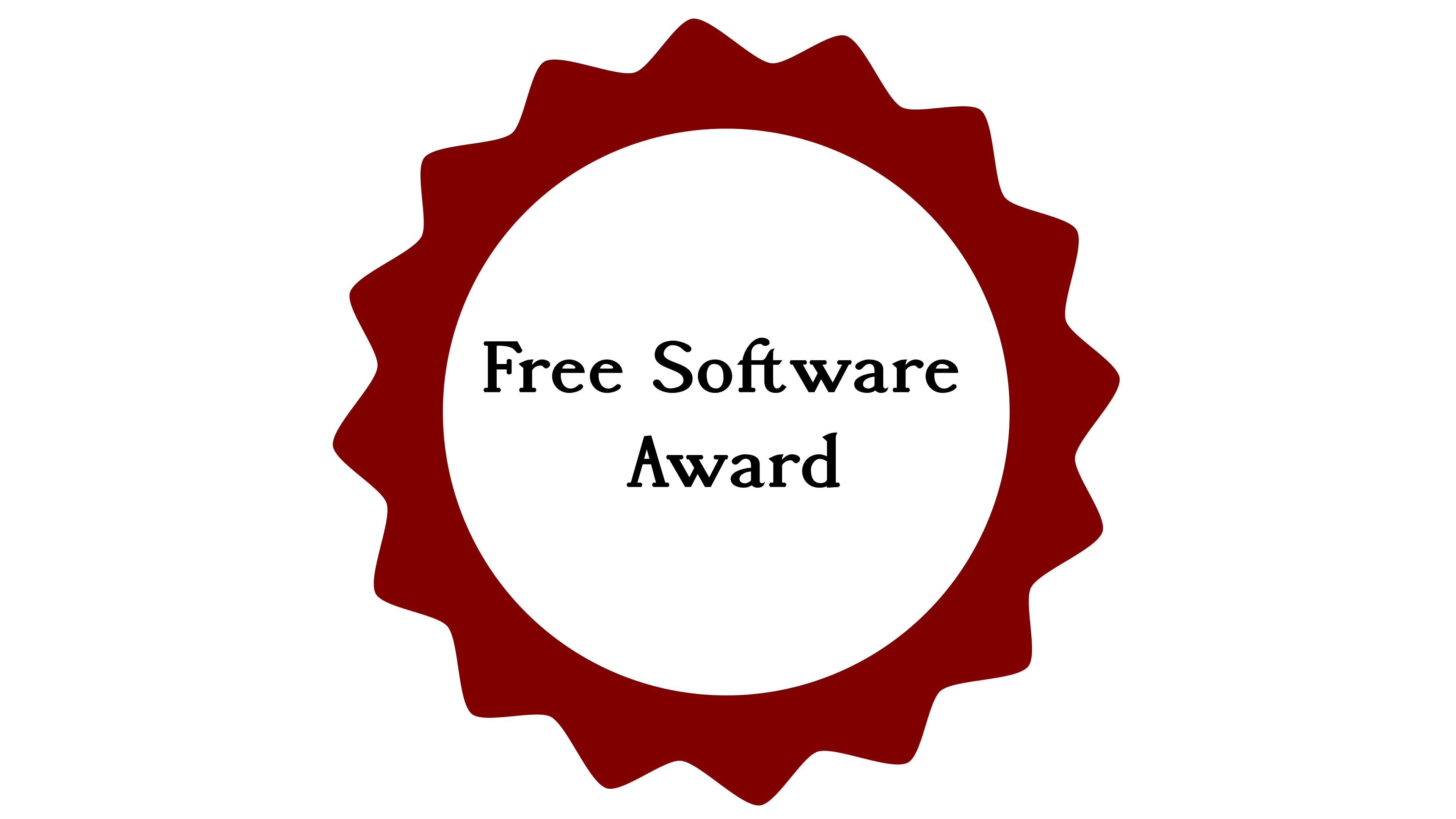 A red ribbon circle with the words 'free software award' inside